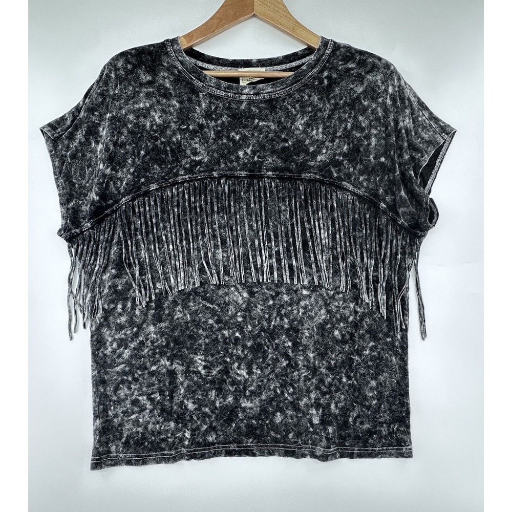 Sterling & Stitch Fringe Top Womens XL Black Acid Wash Short Sleeve Pullover